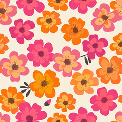 Obraz premium Seamless pattern with vibrant pink and orange flowers on a light cream background. Perfect for textile designs, wallpaper, and surface patterns.