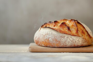 Close-up of a freshly baked loaf of sourdough bread with steam rising, capturing the warmth and texture of homemade artisan bread.