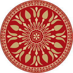 Vector gold with red classic Greek round ornament. Circle of Ancient Greece and the Roman Empire. Byzantine painting of walls, floors and ceilings. Decoration of European palaces