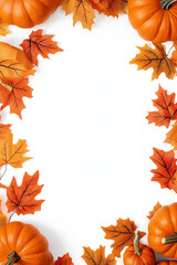Autumn Flat Lay with Pumpkins and Leaves on White Background