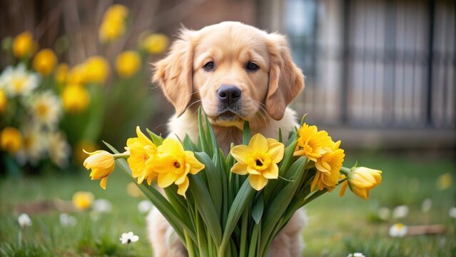 Adorable Golden Retriever Puppy Posing with Daffodils - A cute golden retriever puppy sits amidst a vibrant bouquet of yellow daffodils, symbolizing joy, springtime, new beginnings, innocence, and the