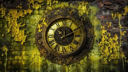 Fototapeta premium Vintage Clock on Weathered Wall - A weathered brick wall with an antique clock, symbolizing time's passage, aging, history, and the passage of time.