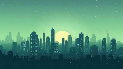 Naklejka premium Urban Skyline Silhouette at Sunrise: A Vibrant Green Cityscape with Skyscrapers and Stars, Perfect for Modern Urban Planning, Architecture, and Environmental Sustainability Themes