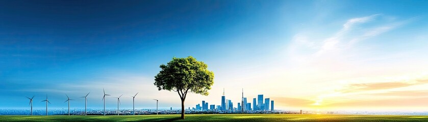 A serene landscape featuring wind turbines, a solitary tree, and a modern city skyline under a vibrant sunrise.