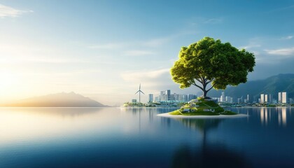 A serene landscape showcasing a solitary tree on an island, reflecting peaceful waters and a city skyline under clear skies.