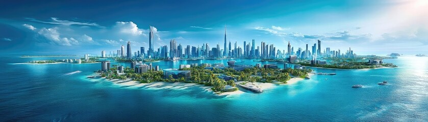 Obraz premium A stunning aerial view of a modern city skyline surrounded by serene waters and lush greenery, showcasing urban beauty and nature.