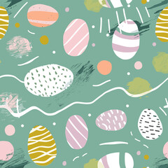 Seamless pattern with abstract eggs and brush strokes on a light green background This colorful and playful design is perfect for decorating Easter projects wrapping paper textiles or any other creati