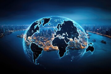 Fototapeta premium A stunning depiction of a digital globe, showcasing vibrant city lights and a beautiful waterway against a twilight backdrop.