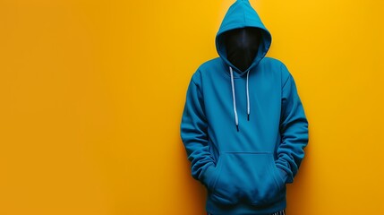 A blue hoodie against a yellow backdrop
