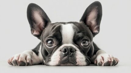 Fototapeta premium A cheerful Boston Terrier lying comfortably, isolated on a transparent background, ideal for advertising pet care products.