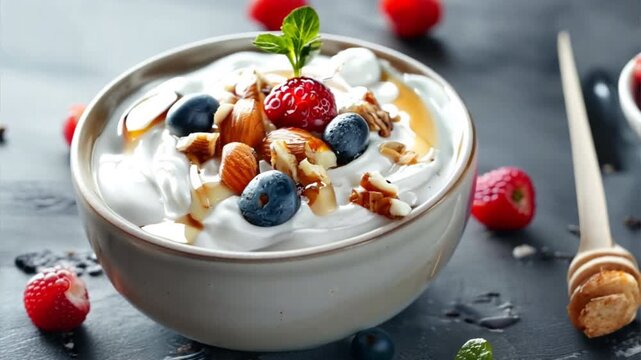 Bowl of Greek yogurt topped with honey, nuts, and fresh berries, a protein-rich and nutritious dessert option.