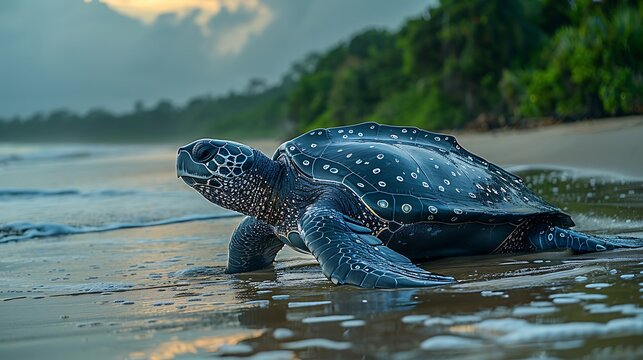 Massive leatherback sea turtle on nesting beach 