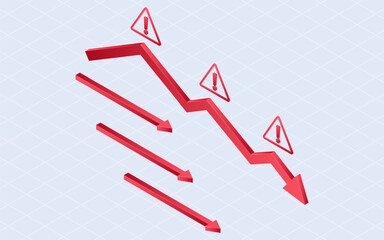 Red arrow down, Financial market losses. Stock market crash concept. 3d isometric vector illustration