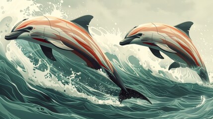Two Striped Dolphins Leaping Through Waves