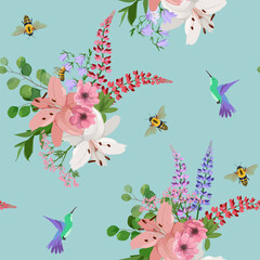 Seamless vector illustration with lupines, lily, bell flowers, hummingbirds and bees on a blue background. To decorate textiles, packaging.