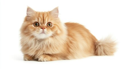 A cheerful Persian cat with a playful gaze, sitting elegantly on a white background, showcasing its soft and fluffy fur.