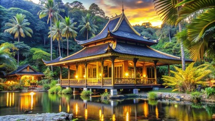 Naklejka premium Tranquil Asian Pavilion by a Serene Pond at Sunset - A traditional Asian pavilion with a wooden structure and golden accents stands peacefully by a serene pond. Palm trees and lush greenery create a t