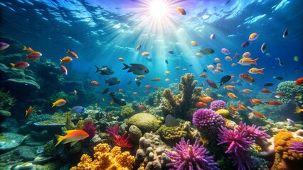 Fototapeta premium Vibrant Coral Reef with Tropical Fish and Sunbeams - A breathtaking underwater scene with vibrant coral reefs, colorful tropical fish, and sunbeams piercing through the clear water, symbolizing the be