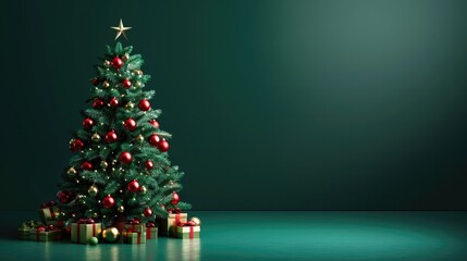 A decorated Christmas tree with red ornaments and presents at its base stands against a green background