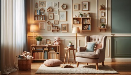 Fototapeta premium Modern living room interior with a fireplace, featuring st