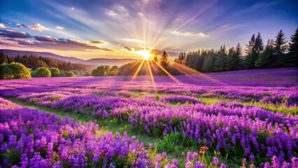Obraz premium Sunrise over Lavender Field in the Mountains - A beautiful sunrise over a field of lavender flowers in the mountains. The scene is peaceful and serene, symbolizing new beginnings, tranquility, beauty,