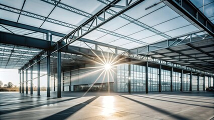 Spacious Industrial Building with Sunburst Through Roof - A wide, open industrial building with a steel frame and large windows. Sunbeams radiate through the roof, illuminating the concrete floor. The