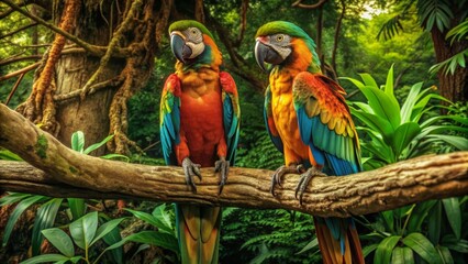 Two Colorful Macaws Perched on a Branch in a Lush Tropical Rainforest - Two vibrant macaws, one red and blue and the other yellow and blue, perch on a branch in a lush tropical rainforest. The vibrant