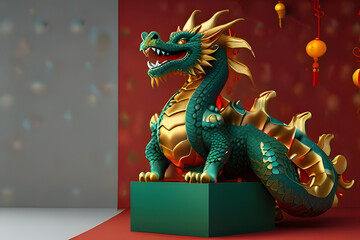 Fototapeta premium Asian traditional red dragon deity on black background