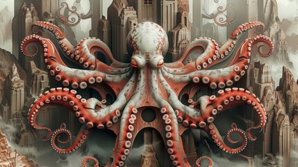 Fototapeta premium Giant Octopus Overlooking a City in the Clouds