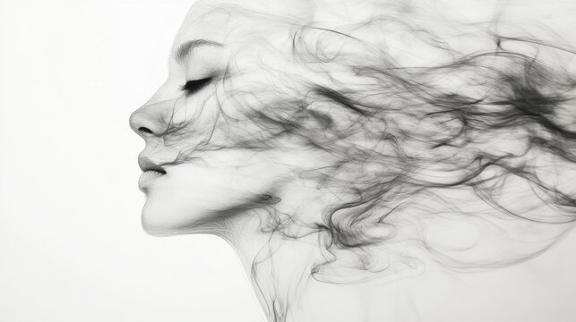 A captivating portrait of a woman's profile, enveloped in ethereal smoke, evokes a sense of mystery, introspection, and the ephemeral nature of life.