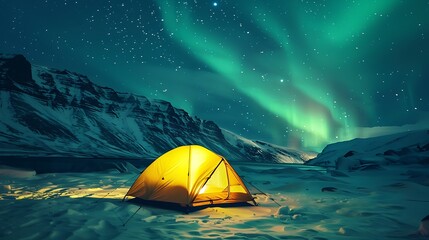 A bright yellow tent for sleeping beneath a stunning green sky borealis