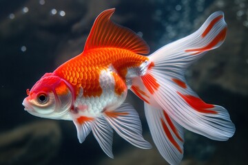 Close-up of a goldfish with orange and white scales swimming in an aquarium.