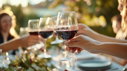 Celebration moment with friends, toasting with red wine glasses in a beautiful outdoor setting, capturing joy and togetherness.