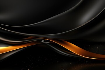 Fototapeta premium Abstract black and gold background with swirling shapes and glowing particles.