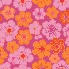 A vibrant pink and orange retro flower pattern This repeating design features stylized flowers with rounded petals and bold colors The pattern is perfect for adding a touch of vintage charm to any pro