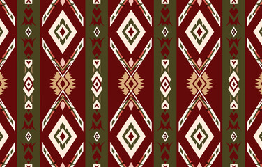 Seamless pattern with repeating geometric shapes in red, green, white, and brown. Perfect for textile, fabric, wallpaper, or wrapping paper design.