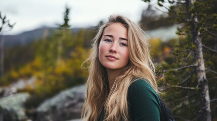 Fototapeta premium Blonde Canadian Woman with Long Hair on a Mountain Hike, Portrait in Cinematic Style with Professional Studio Lighting and Breathtaking Scenery