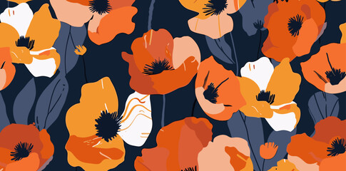 Abstract floral pattern with orange and red poppies on a dark blue background The flowers are drawn in a simplified style with bold colors and shapes This pattern is perfect for fabric wallpaper or an