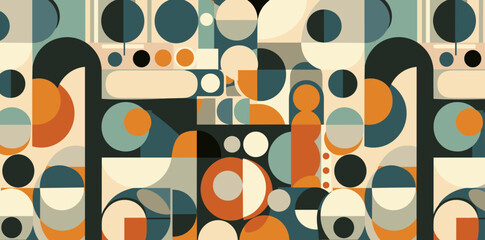 Abstract geometric pattern with a retro mid-century modern design The image features overlapping circles squares and semicircles in a variety of colors The colors are earthy and muted creating a sophi