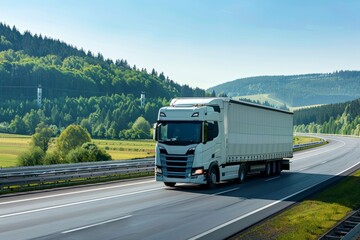 White Delivery Truck Driving on Countryside Road, Transportation and Logistics Theme.