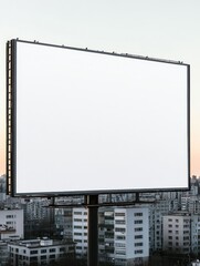 Blank billboard in urban setting, ideal for advertising. Captures a minimalist view of cityscape at dusk.