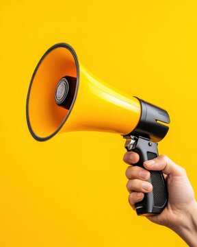 A vibrant yellow megaphone held in a hand against a bold yellow background, symbolizing communication and announcements.