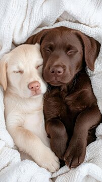 Two adorable puppies snuggled together, peacefully sleeping on a cozy blanket, symbolizing love and companionship.