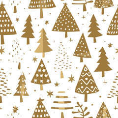Obraz premium Seamless pattern of golden Christmas trees with white dots, stars and abstract shapes on a white background. Perfect for winter holidays, festive designs, and wrapping paper.