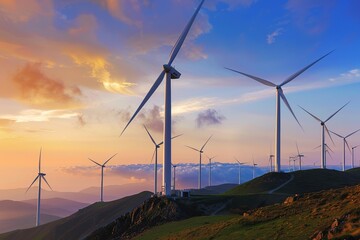 Obraz premium Wind turbines on hills at sunset, renewable energy concept