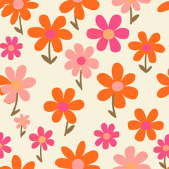 Fototapeta premium A seamless pattern featuring a cheerful arrangement of orange pink and light pink flowers with brown stems on a light cream background This pattern is perfect for adding a touch of spring to any desig