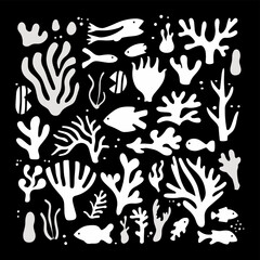 A collection of white silhouettes of stylized coral reefs and fish on a black background creating a whimsical underwater scene