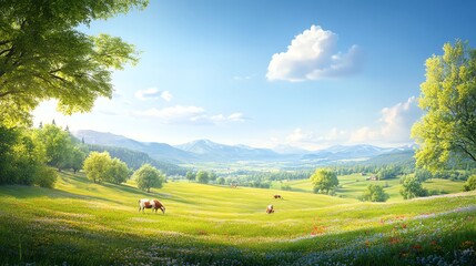 A serene landscape featuring green hills, blue sky, fluffy clouds, and grazing cows, perfect for nature and countryside themes.