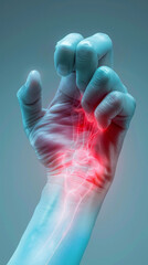 Acute pain in a woman wrist, colored in red on dark blue background