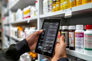 Pharmacist Using Tablet for Efficient Inventory Management of Medications in Pharmacy Retail Setting